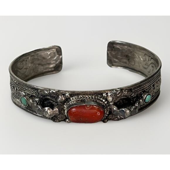 VTG Sterling Silver Turquoise Red Coral Cuff Bracelet- Ornate Design Adjustable - Picture 2 of 15